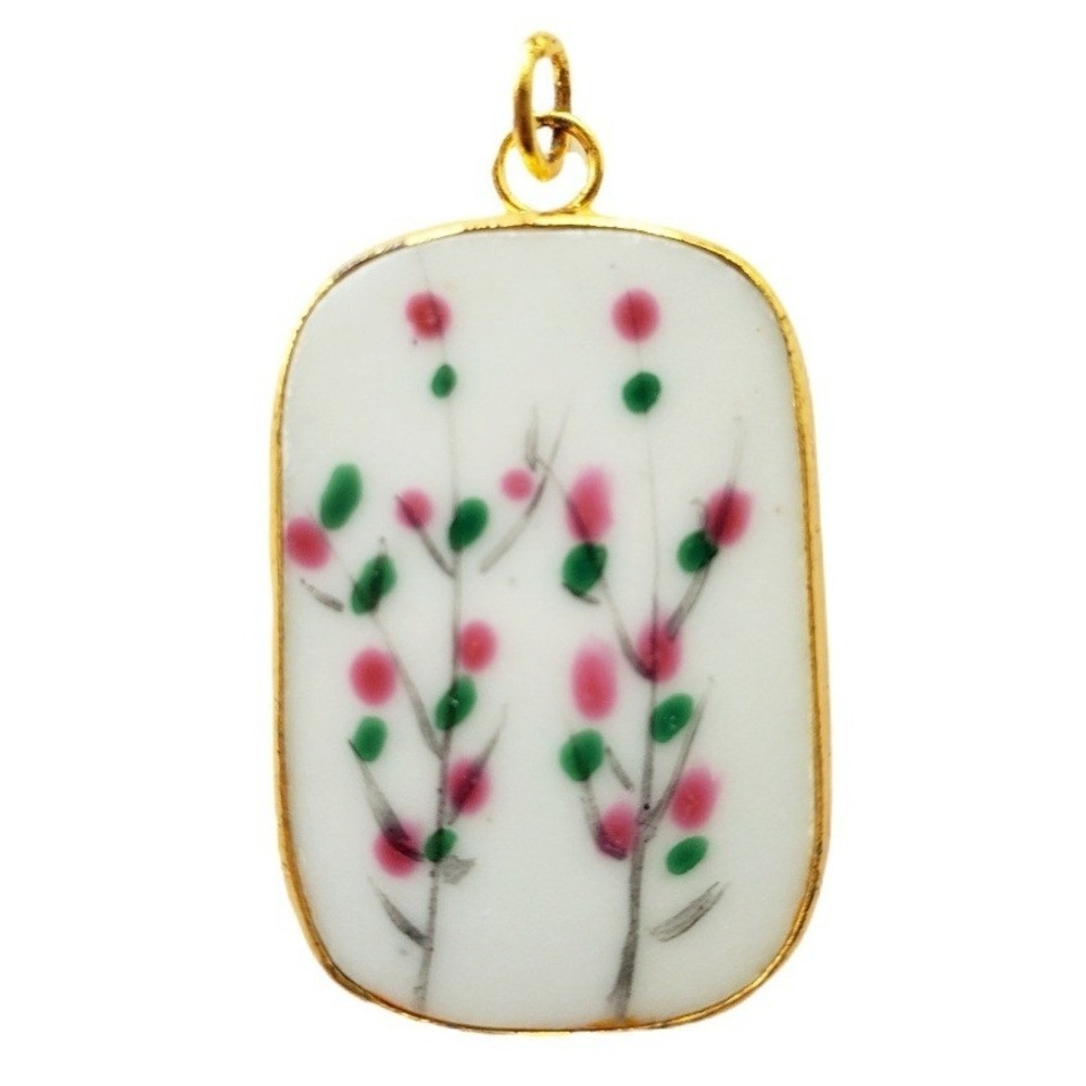 Vintage Artisan Hand Painted Porcelain Floral Pendant Gold Tone Pink Green White